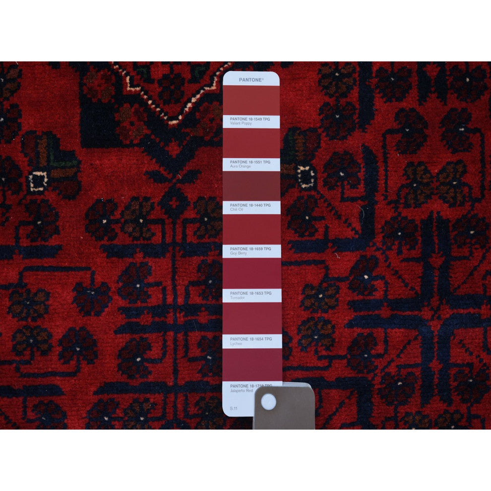 Deep and Saturated Red, Hand Knotted Afghan Khamyab Soft Wool Rug, 5'8"x7'5"