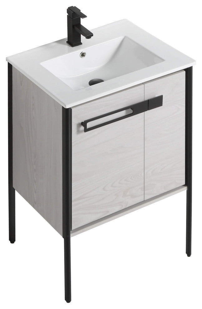 Oakville Bath Vanity, Ceramic Sink, Mild Grey Oak, 24 Inch, Black Hardware