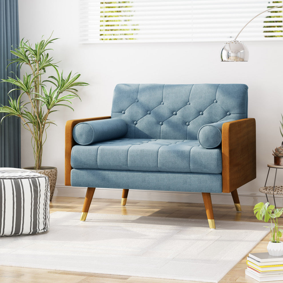 GDF Studio Greta Mid Century Modern Fabric Club Chair, Blue/Dark Walnut