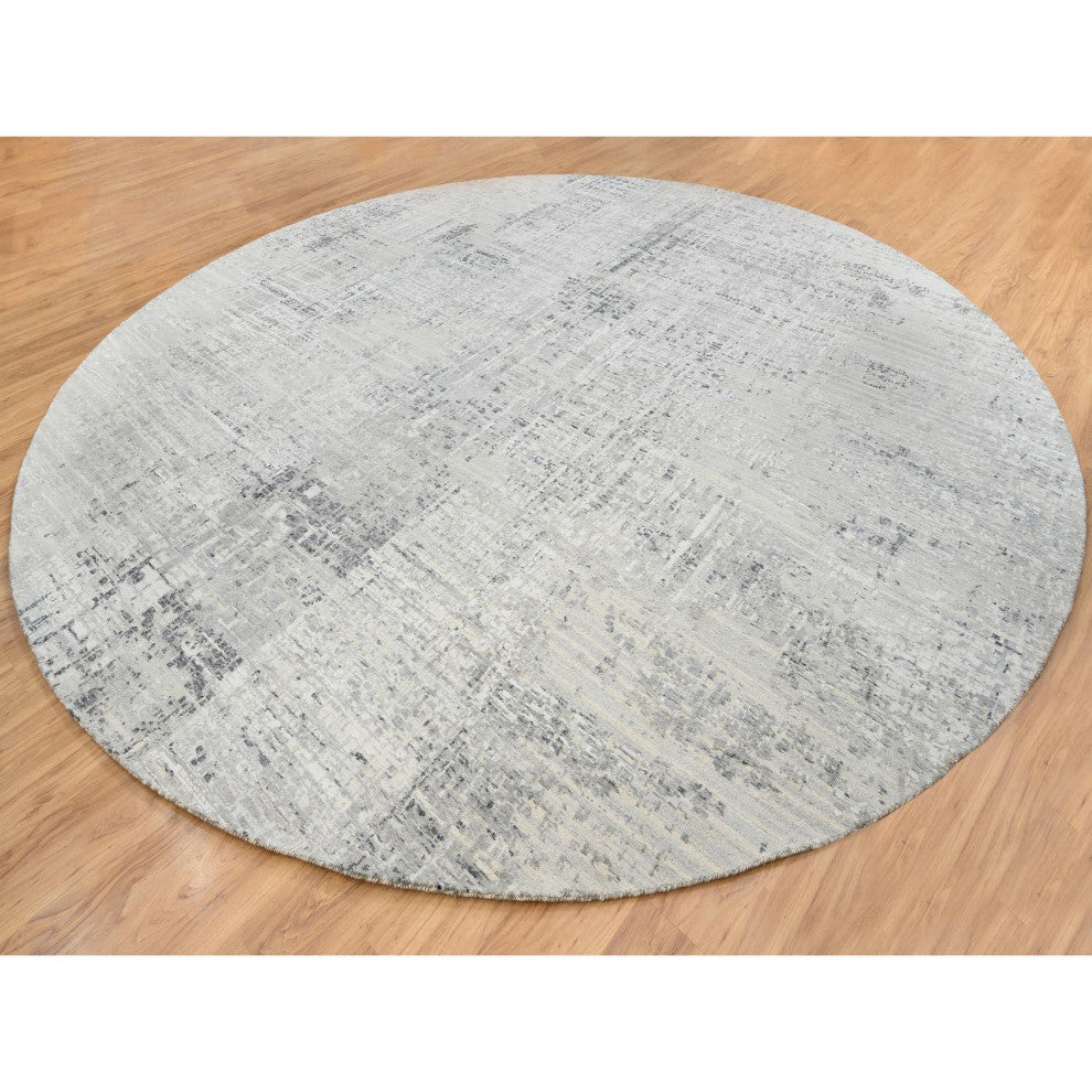 Gray Hand Knotted Modern Natural Wool Round Oriental Rug, 13'9"x13'9"