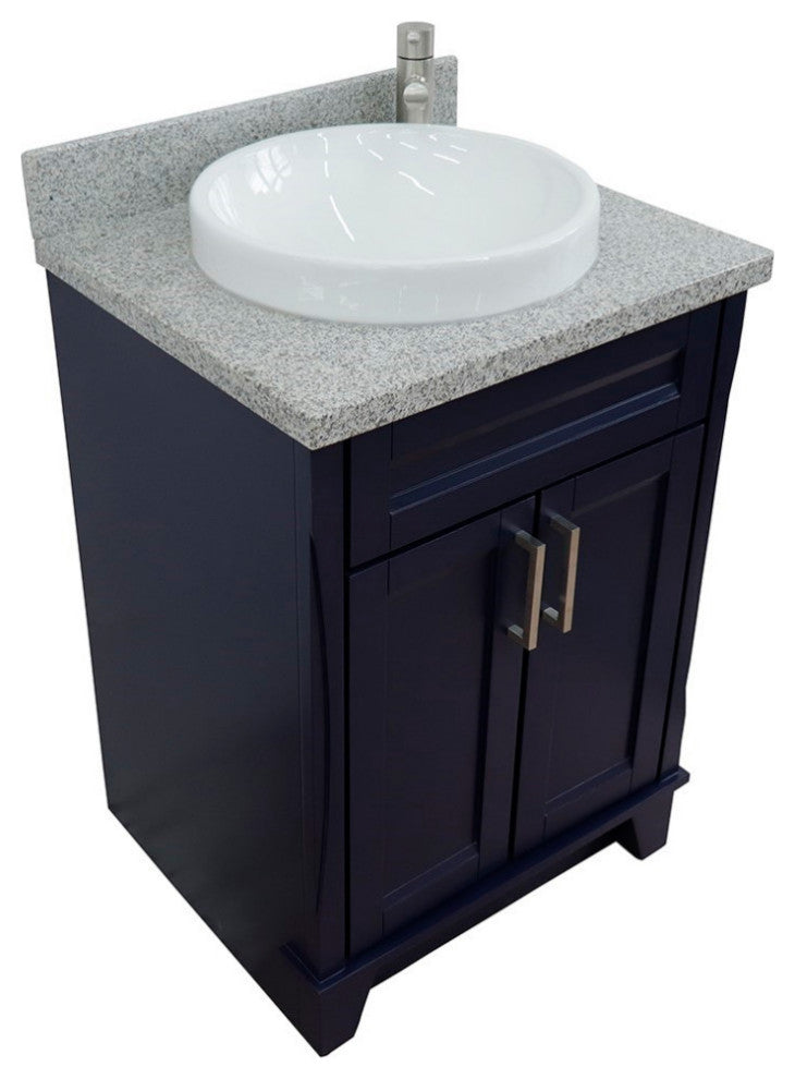 25" Single Sink Vanity, Blue Finish With Gray Granite And Round Sink
