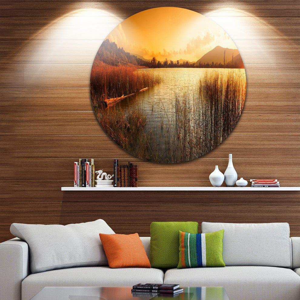 Calm Evening With Lake And Mountains, Landscape Disc Metal Artwork, 11"