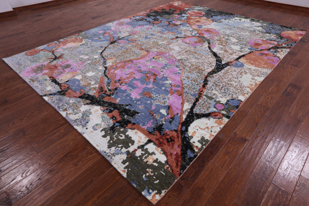 Modern Bird Design Hand Knotted Wool and Silk Rug 8' 11" X 12' 1" Q6831