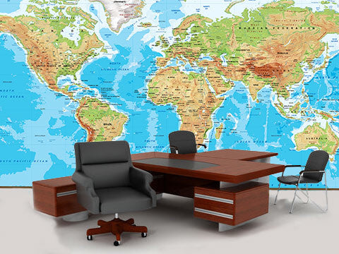 World Map Wall Mural, Physical, Miller Projection, 3 panel, 107"x72"