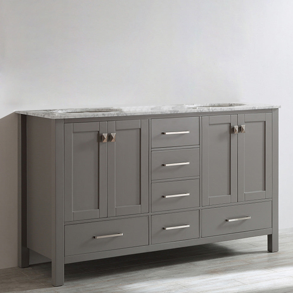 60" Double Vanity in Grey with Carrara White Marble Countertop Without Mirror
