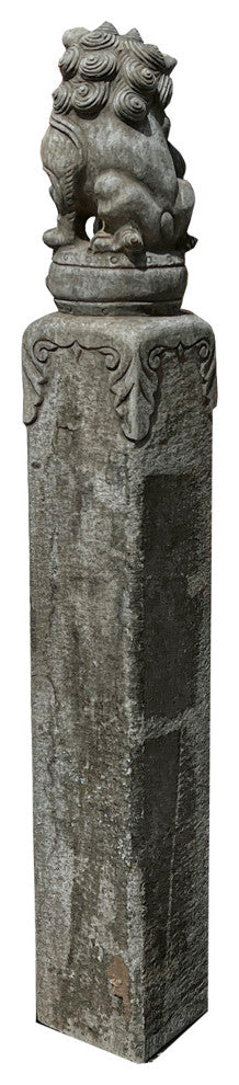 Chinese Pair Gray Stone Fengshui Foo Dogs Lion Slim Pole Statues Hcs7665