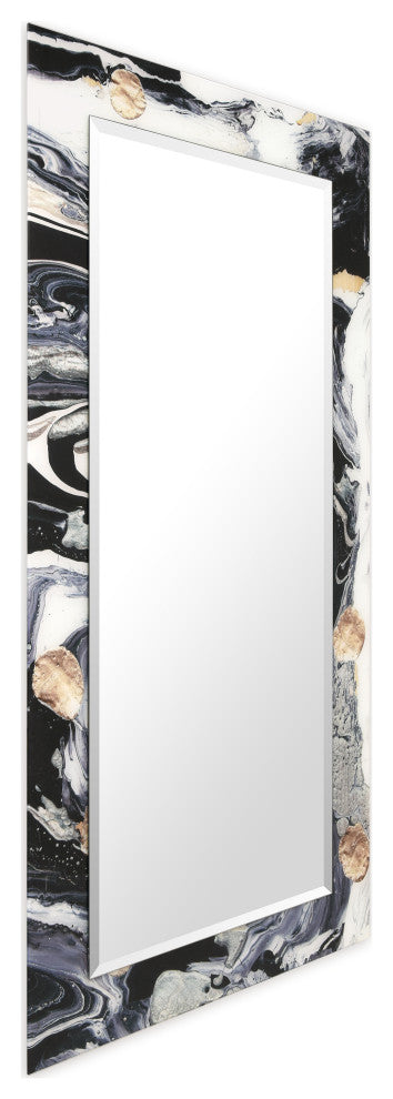 "Ebony and Ivory" Beveled Mirror on Printed Abstarct Tempered Art Glass, 54x28"