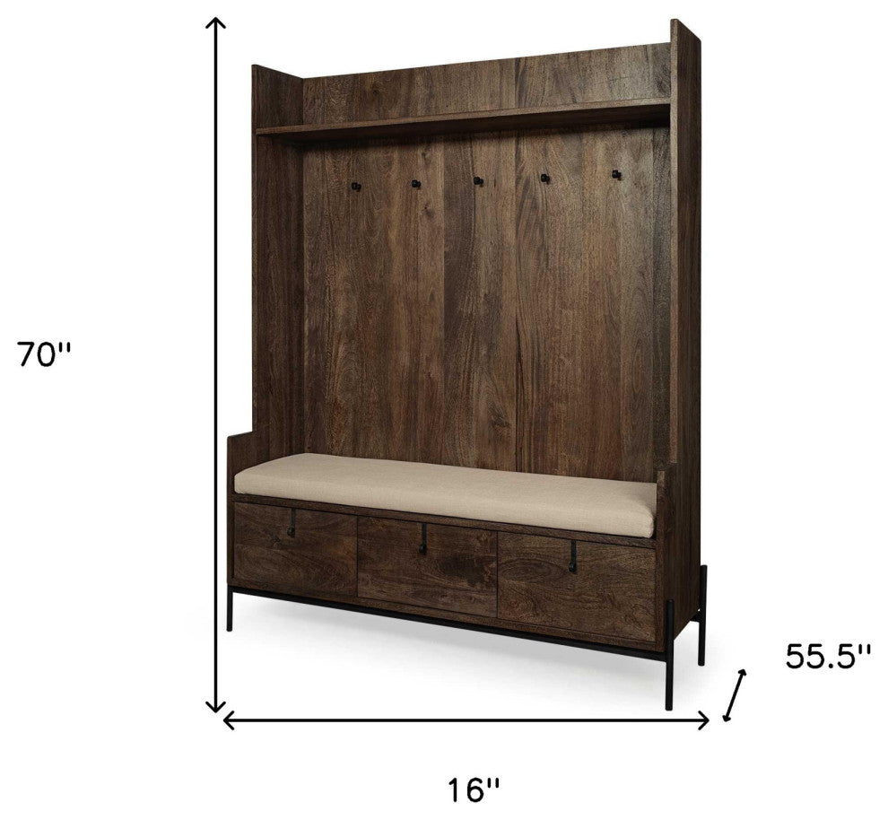 Brown Wood Cream Fabric Wrapped Seat Hall Tree With Storage