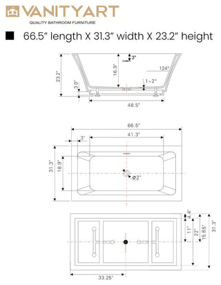 Freestanding Acrylic Bathtub, White/Matte Black, L, 67"