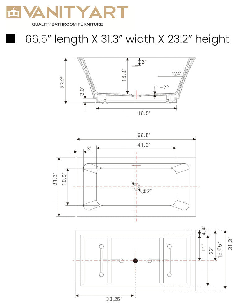 Freestanding Acrylic Bathtub, White/Matte Black, L, 67"