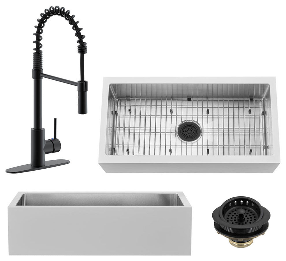 36" Single Bowl Farmhouse Solid Surface Sink and Faucet Kit, Matte Black