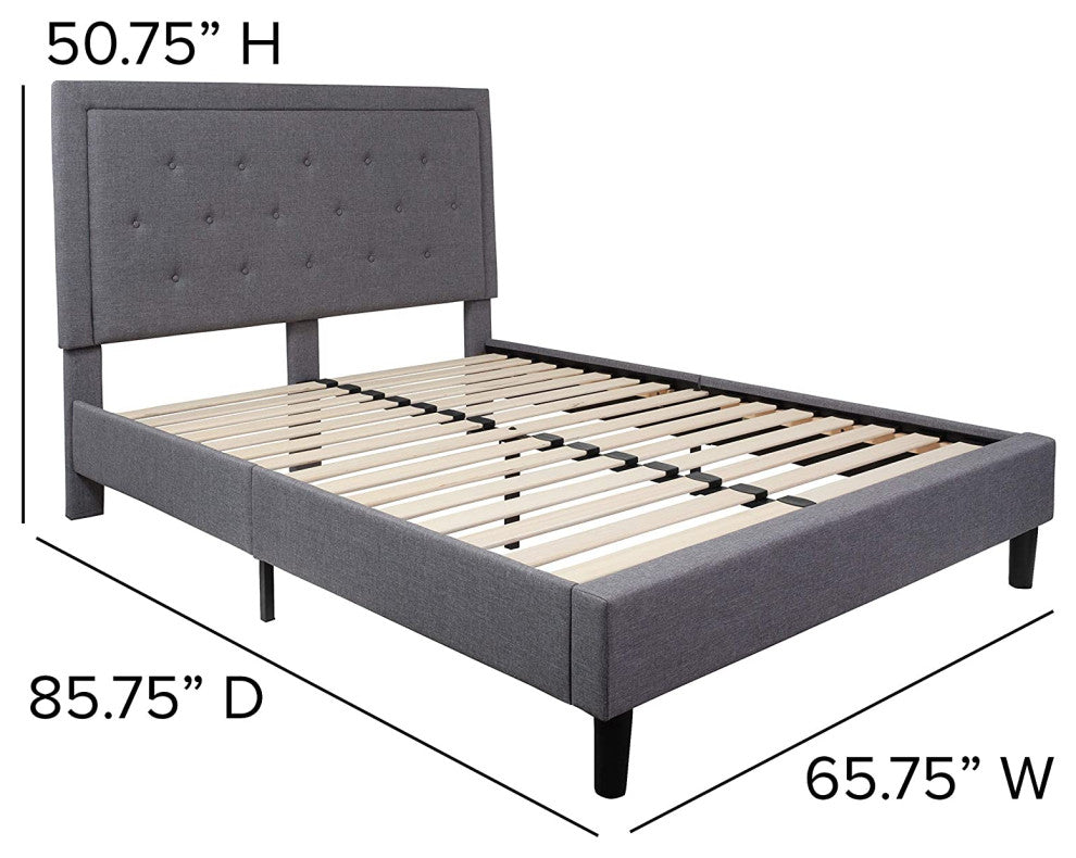 Contemporary Queen Platform Bed, Plywood Frame & Tufted Headboard, Light Grey