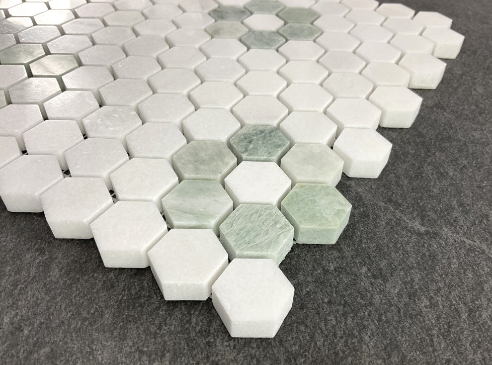 5-Pieces of Thassos White and Ming Green 1" x 1" Marble Honeycomb Mosaic