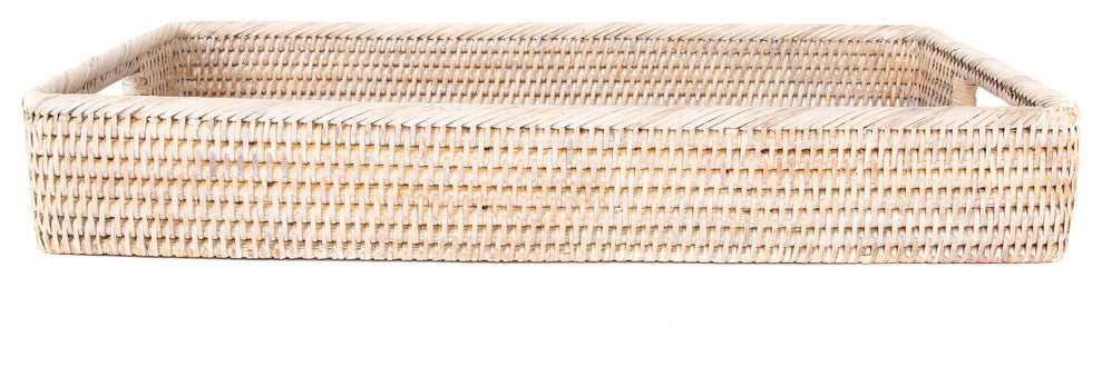 Artifacts Rattan Rectangular Tray With Rounded Corners, White Wash