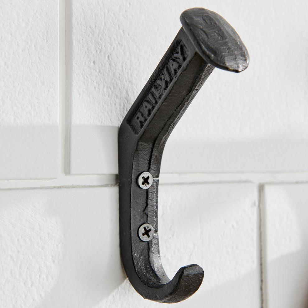 Black Cast Iron Railway Spike Wall Mount Hook Set, Set of 6