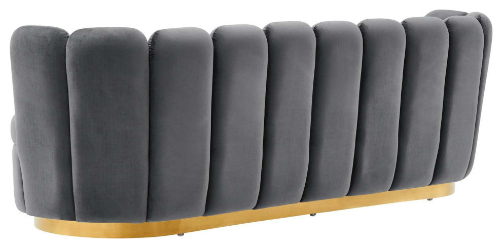 Tufted Sofa, Gray, Velvet, Modern, Mid Century Hotel Lounge Cafe Lobby
