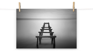 Soft Lake & Abandoned Pier Black & White Landscape Photo Loose Wall Art Print, 12" X 18"