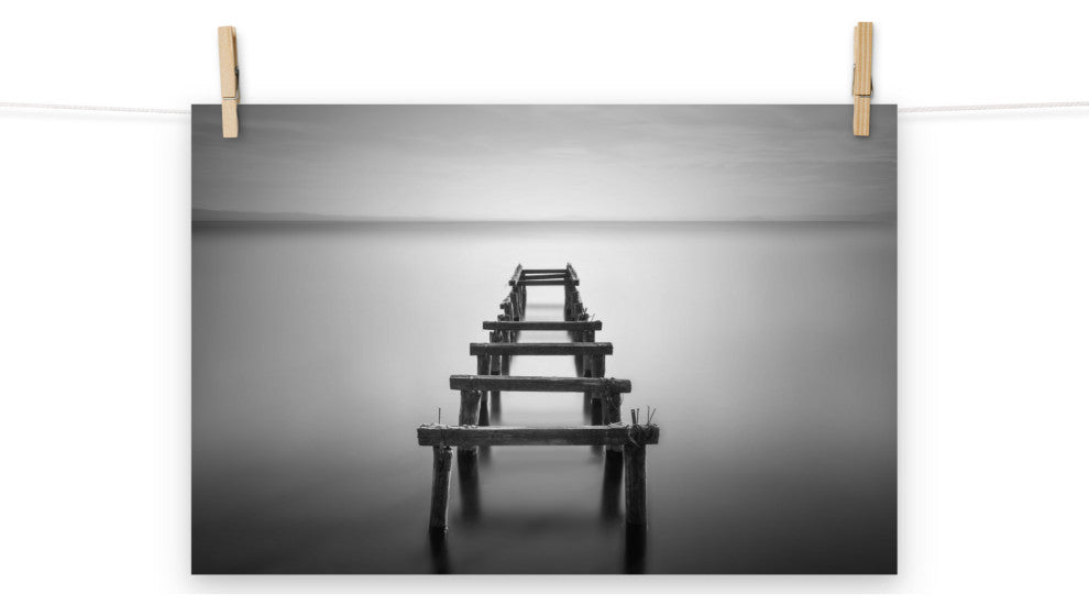 Soft Lake & Abandoned Pier Black & White Landscape Photo Loose Wall Art Print, 12" X 18"