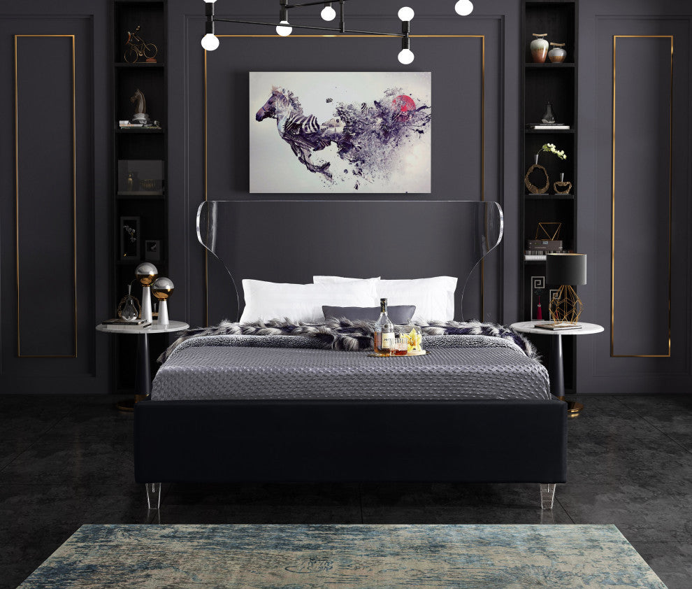 Ghost Velvet Upholstered Bed, Black, Queen