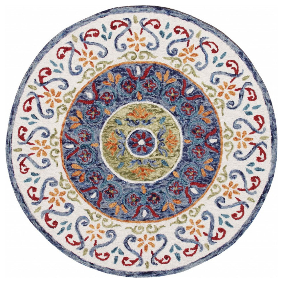 4' Round Blue and White Ornate Medallion Area Rug