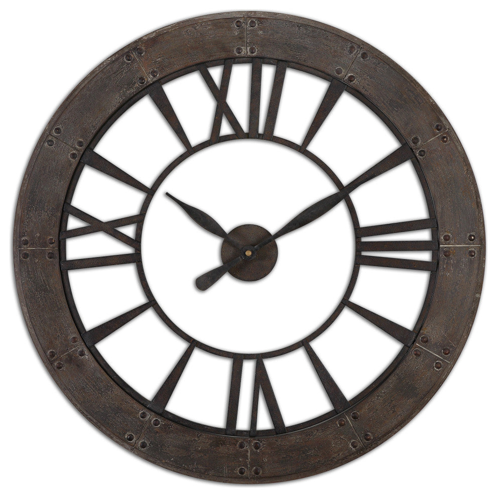 Uttermost Ronan Wood and Metal Wall Clock in Dark Rustic Bronze/Gray