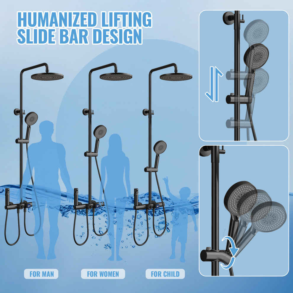 Exposed 4-Function Thermostatic Shower System with Spray Gun and Tub Spout, Matte Black
