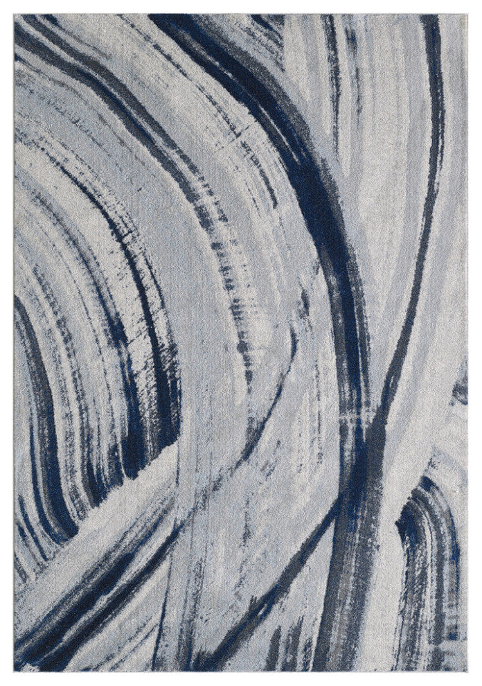 8"x11" Navy Ivory Abstract Strokes Modern Area Rug