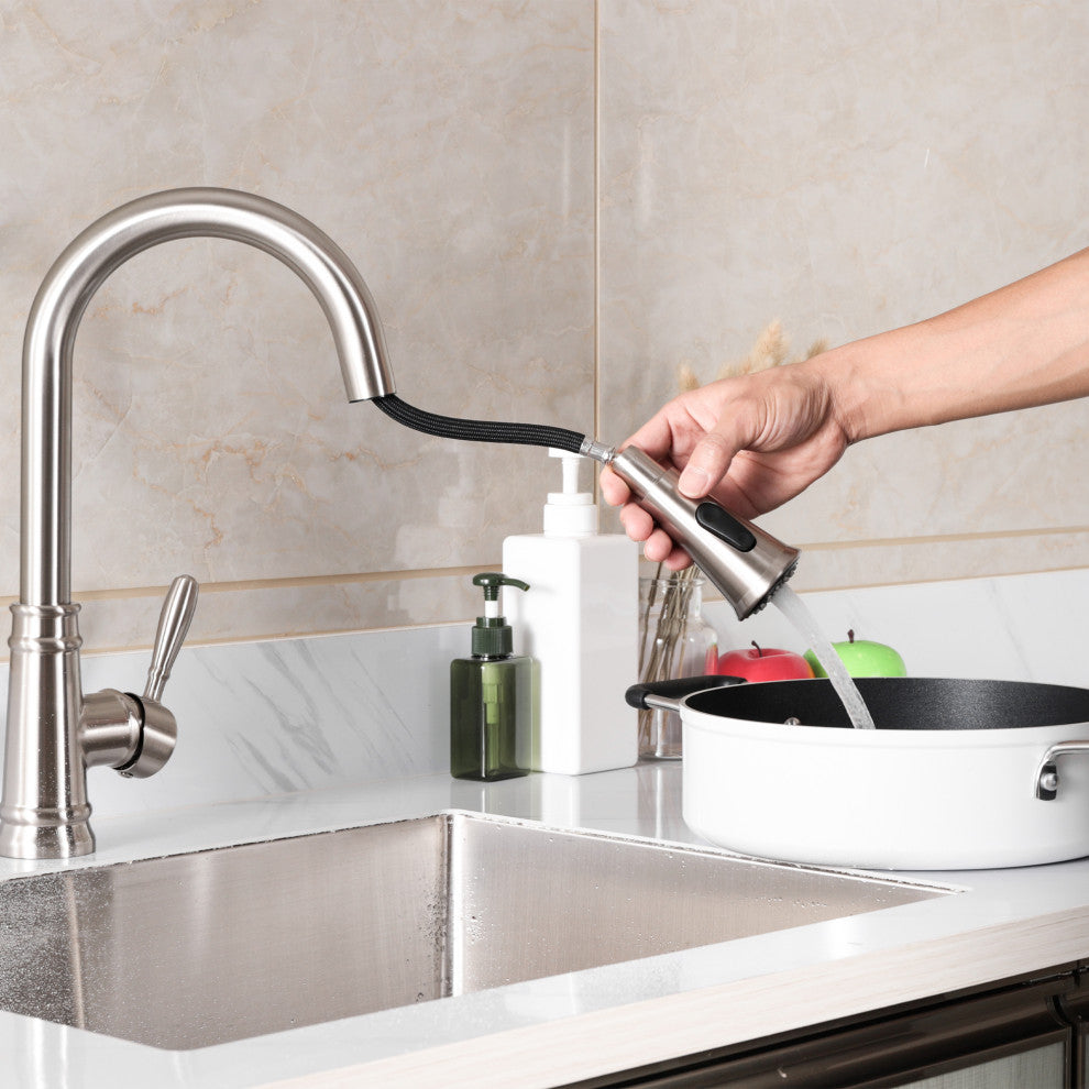 Single Handle High Arc Pull Out Kitchen Faucet in Brushed Nickel Finish