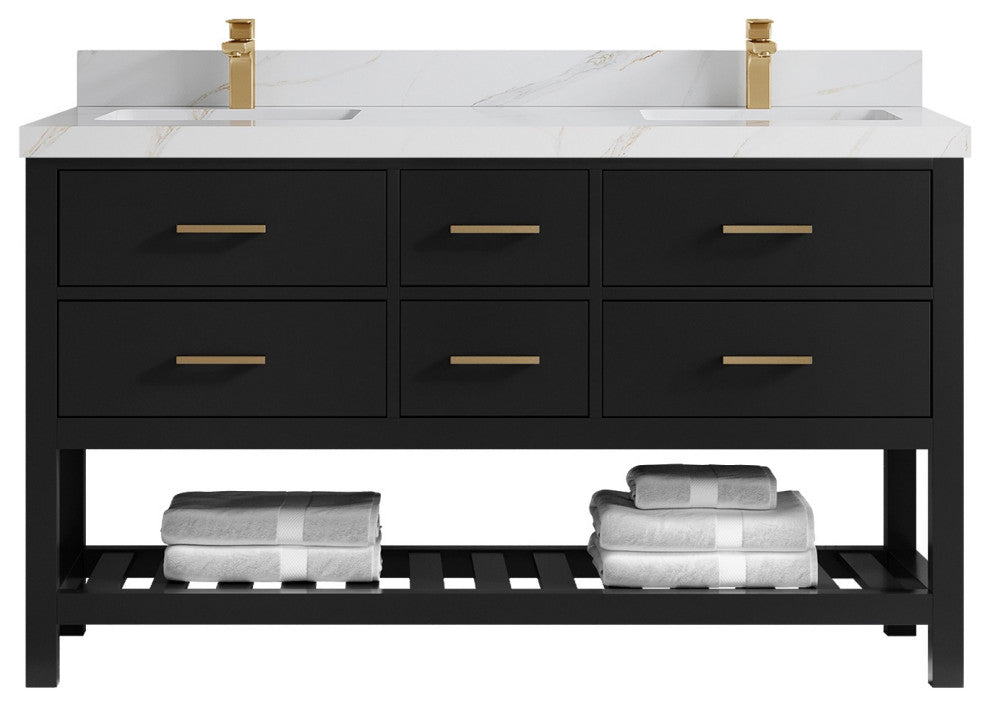 Parker 60" Double Sink Bath Vanity, Black 2" Calacatta Sienna
