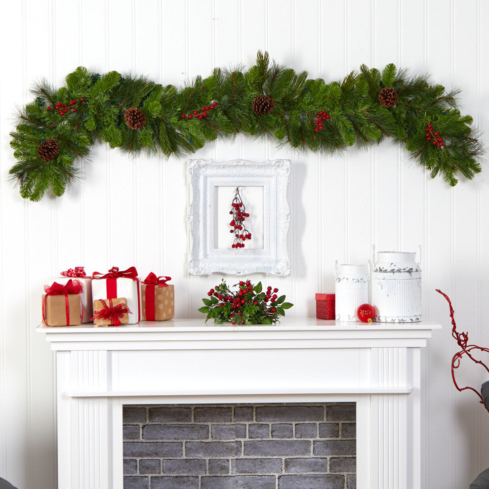 6' Colorado Fir Faux Xmas Garland W/Multicolored LED Lights, Berries & Pinecones