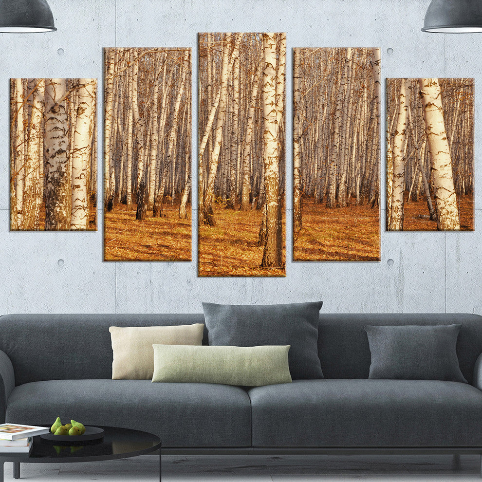 Dense Birch Forest in the Fall, Forest Canvas Art Print, 60"x32", 5 Panels