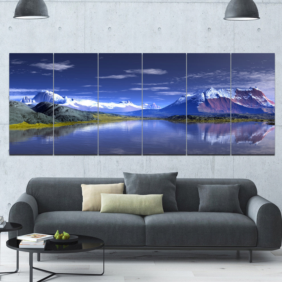 3D Rendered Mountains and Lake, Landscape Canvas Art Print, 70"x28", 6 Panels