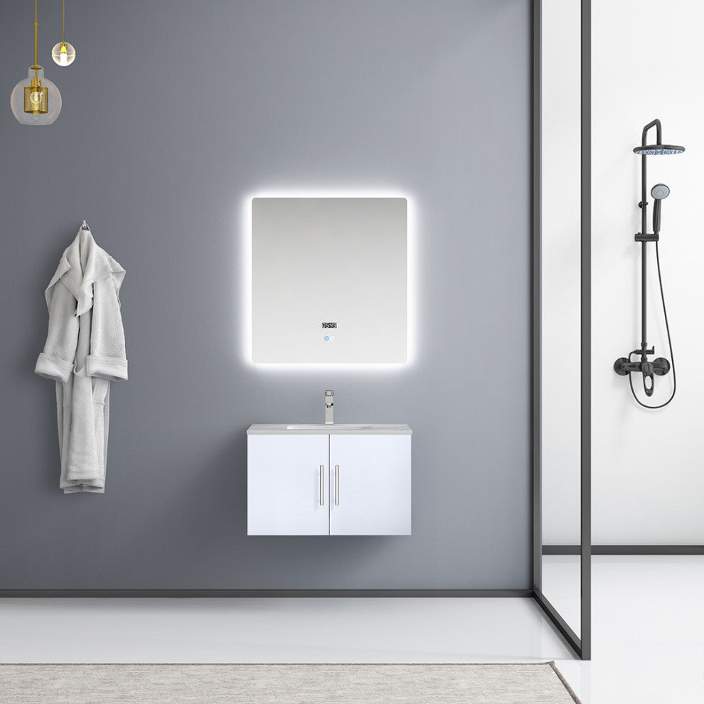 Geneva Transitional Glossy White 30" Single Vanity with 30" Led Mirror