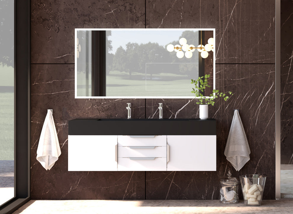 CastelloUSA Nile 60" Wall Mounted Vanity Set, White, Black Top, Chrome Handles