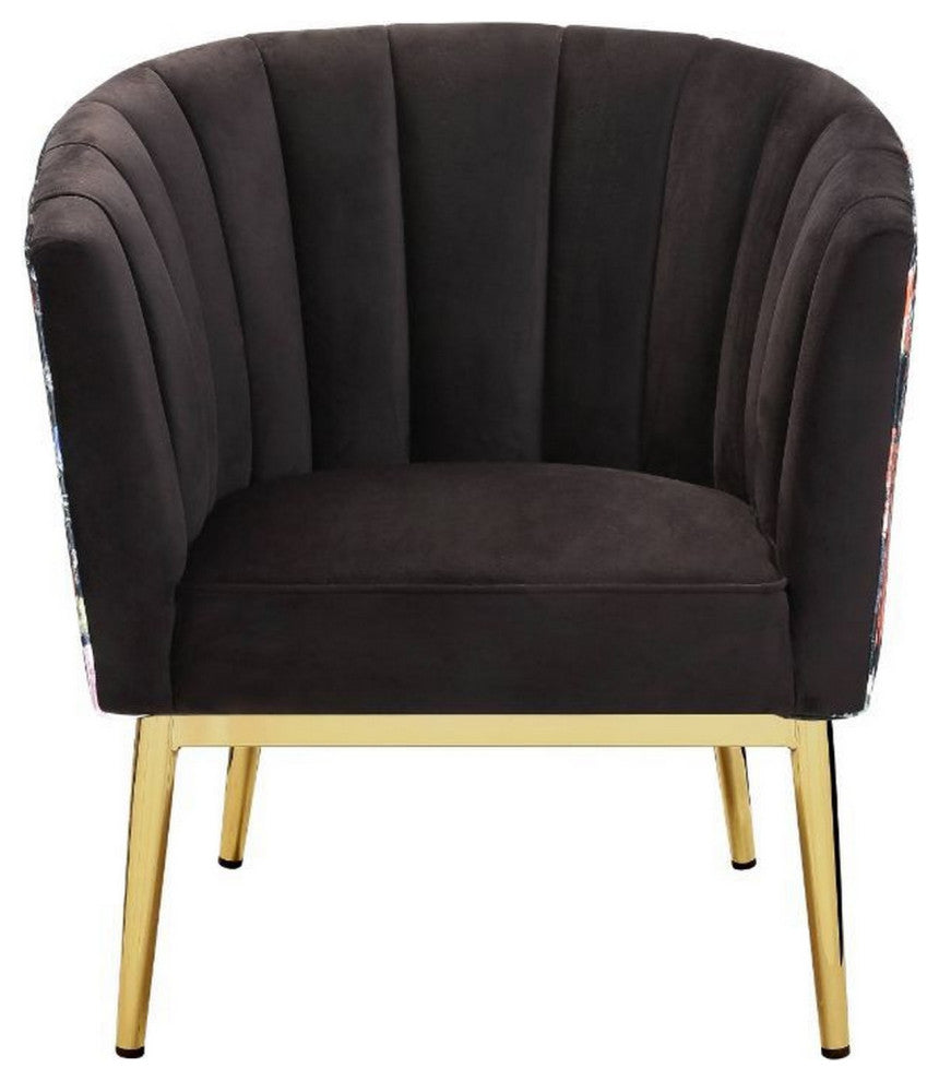 Benzara BM233130 Wooden Accent Chair With Barrel Style Backrest, Black and Gold