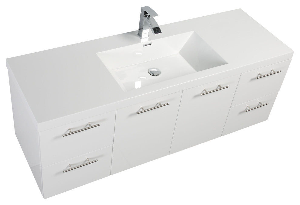 Alma Luxury Glossy White Floating Vanity with Sink, 60" Single Sink