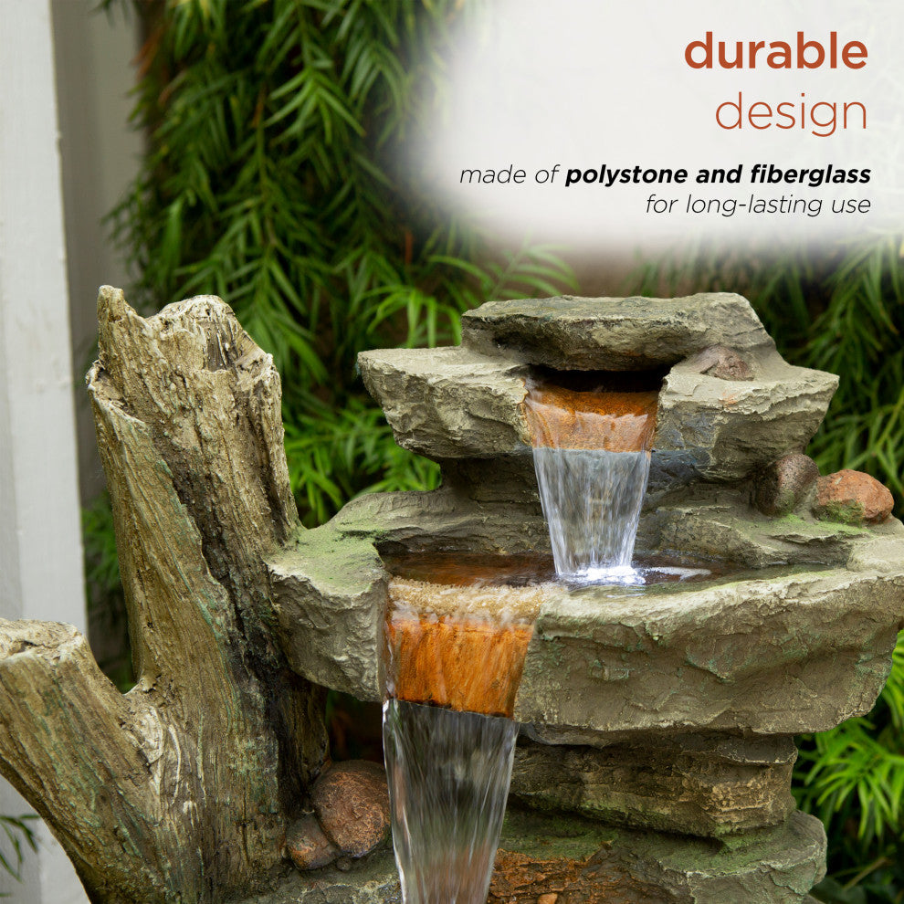 39" Outdoor Multi-Tier Cascading Stone Tower Waterfall Fountain with LED Lights