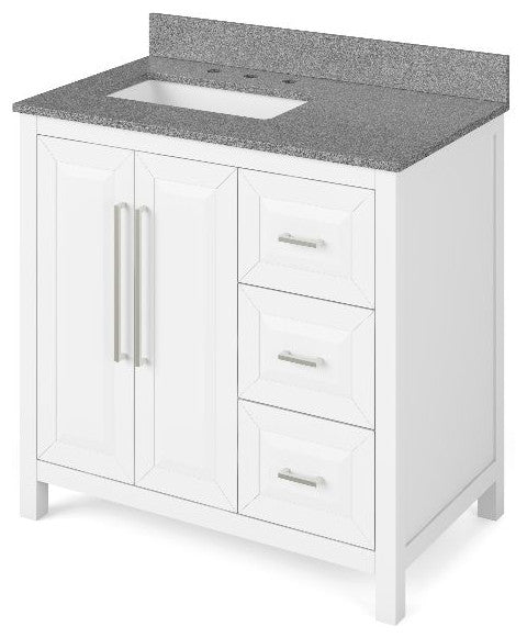 Cade Transitional 36" White Left Offset Sink Vanity, Steel Grey Cultured Marble
