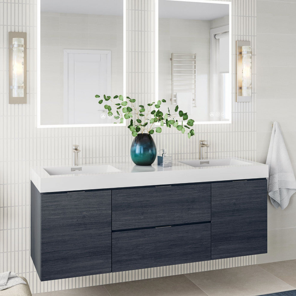 Boutique Bath Vanity, Gray Oak, 60", Double Sink, Wall Mount
