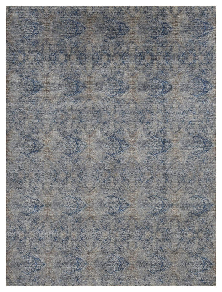 Wolf Gray, Broken Rosette Design, Wool and Silk, Hand Knotted Rug, 9'x12'