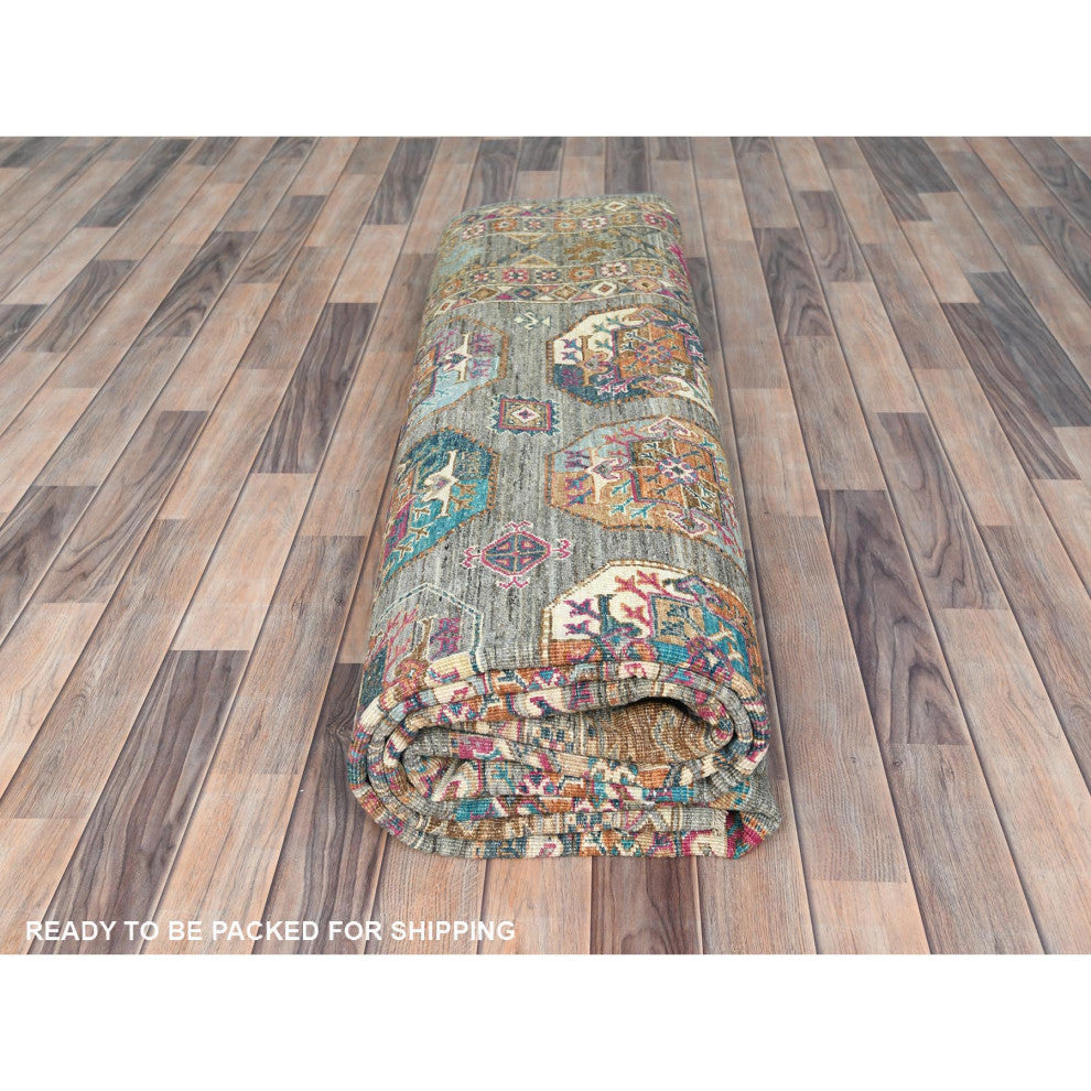 Sage Green, Hand Knotted Afghan Super Kazak Pure Wool Oriental Rug, 8'9"x11'7"