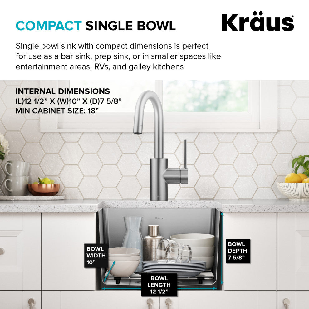 KRAUS Fairlane 15" Undermount 1-Bowl 18 Gauge Stainless Steel Kitchen Sink