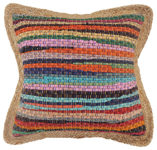 Bold Multicolored Chindi Jute Bordered Throw Pillow