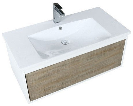 Scopi Modern 36" Rustic Acacia Bathroom Vanity, Labaro Rose Gold Faucet