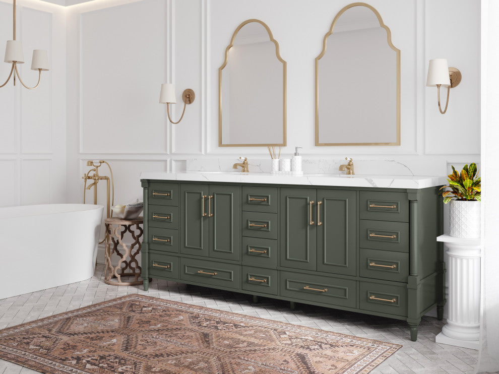 Aberdeen 84 Double Sink Bath Vanity in Pewter Green 2" Carrara Quartz