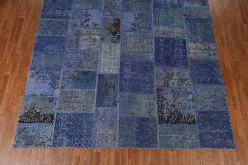 Blue Over-dyed Patchwork Turkish Area Rug Hand-tufted Wool Carpet 9x12