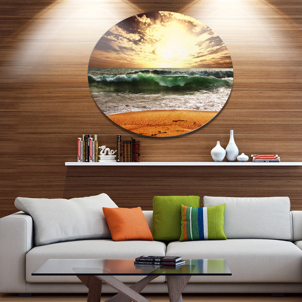 Raging Green Waves At Sunset, Seashore Disc Metal Artwork, 11"