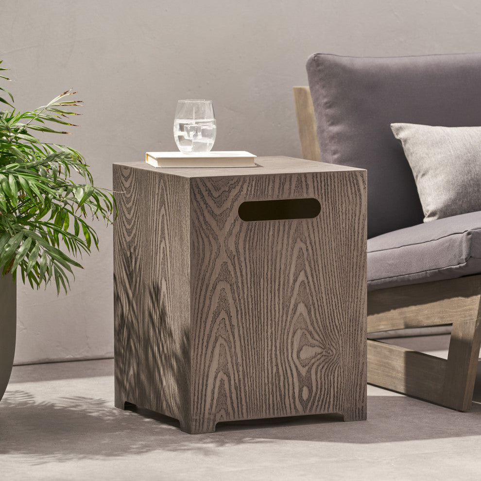 Jasmine Outdoor Metal Tank Holder Side Table, Brown Wood Pattern
