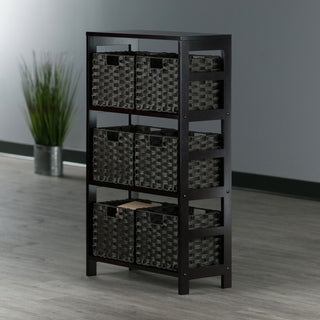 Leo 7-PieceStorage Shelf With 6 Foldable Woven Baskets, Espresso and Chocolate