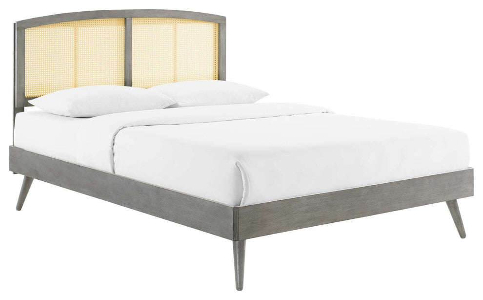 Cane Bed, Woven Rattan Bed, Art Moderne Curve Platform Bed, Grey, Full